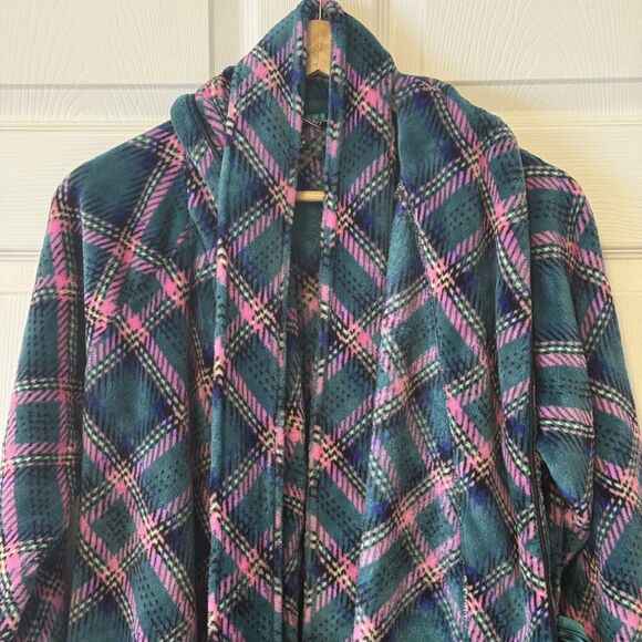 Victoria’s Secret Plush Fleece Short Robe Teal Pink Plaid XS/S Excellent - Picture 4 of 10